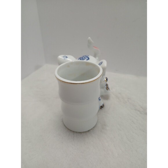 Porcelain Trunk Up Elephant Bamboo Planter Small White Blue Gold Accent - Picture 3 of 7